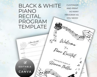 Piano Recital Program Template, Simple Modern Black & White for Performance or Event, Double Sided Folding Card Canva Digital Download NT01P