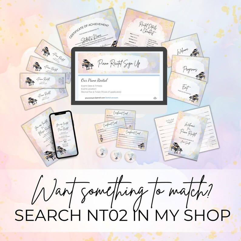 Piano Recital Program Template, Rainbow Watercolor, Music Teacher Resource, For Performance or Event, Double Sided Folding Card, Canva Digital Download NT02