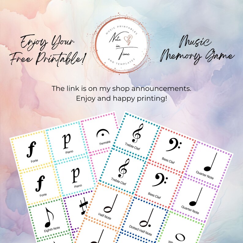 May include: A printable music memory game with colorful cards featuring musical notes, clefs, and symbols. The cards are arranged in a grid pattern. The text "Music Memory Game" is at the top of the image.