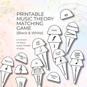 Musikteori-matchningsspel, stapelbara glassstrutar, utskrivbar PDF för lärare, notrytmer, musiksymboler och tecken, 40 kortset, oformaterade