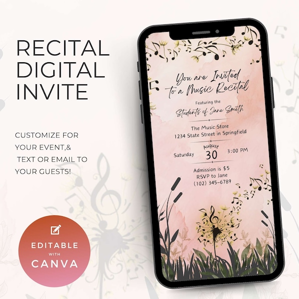 Music Recital Digital Invitation, Text or Email, Editable Canva Template, Event Planning, Piano Teacher Resource, Earthy Theme Invite NT03