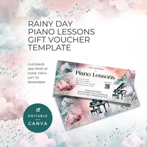 Modello di voucher per lezioni di pianoforte, stampabile su Canva modificabile, certificato musicale, tema nuvola per giornate piovose NT04