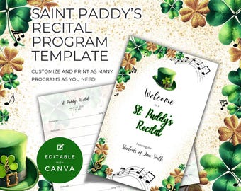 Programa de Recital para o Dia de São Patrício, Cartão Dobrável Frente e Verso, Modelo Canva, Recurso para Professores de Música e Piano, Design de Trevo de Trevo NT13