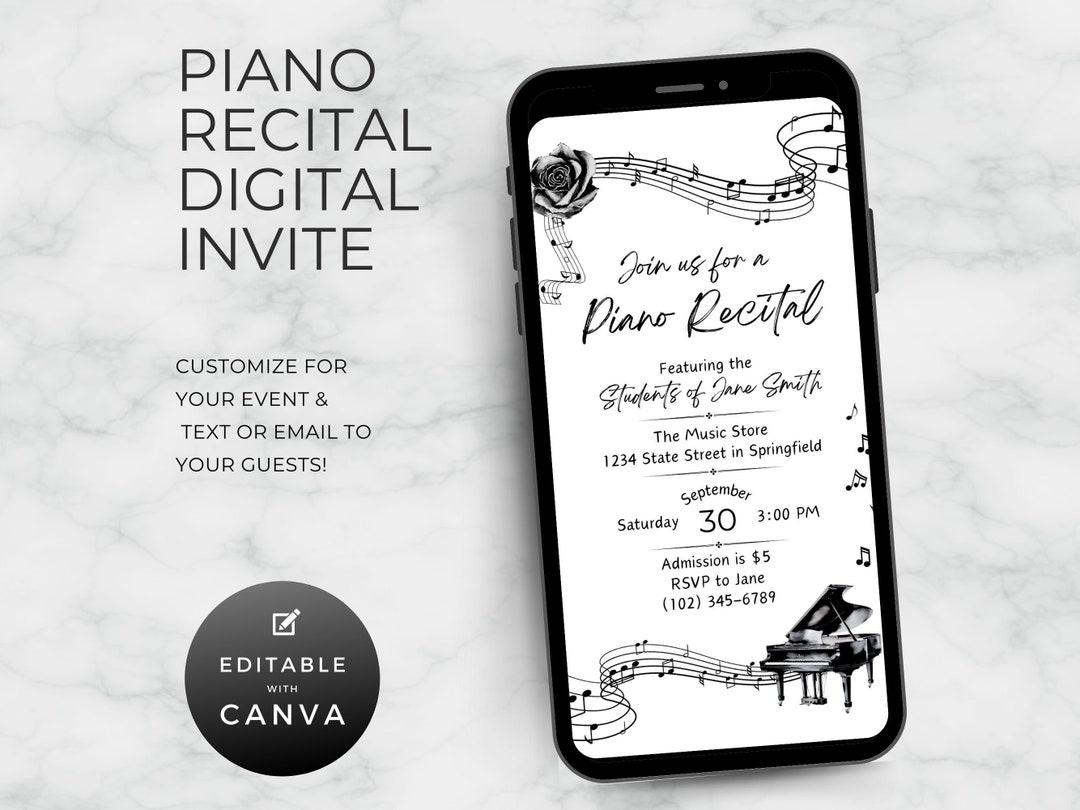 Piano Recital Digital Invitation, Text or Email, Editable Canva ...