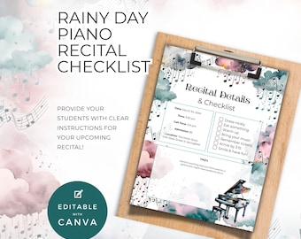 Lista de verificação para recital de música, tema dia chuvoso, nuvem de tempestade, planejador para recital de piano, modelo editável do Canva, recurso educacional para professores NT04