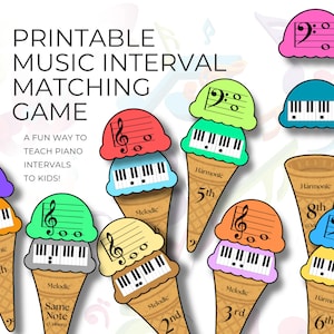 Gioco di abbinamento di intervalli musicali, coni gelato impilabili, PDF stampabile per insegnanti di musica, strumento di apprendimento delle chiavi di violino e basso, risorsa per pianoforte