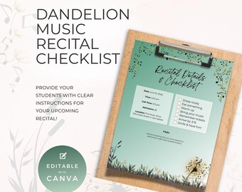 Lista de verificação para recital de música, planejador para recital de piano, modelo editável do Canva, recurso educacional para professores, verde sálvia NT03G