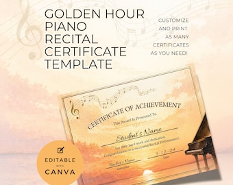 Piano Recital Certificate Template, Golden Hour Sunset, Cloudy Notes, Senior Event, Student Music Achievement Award, Editable in Canva NT15