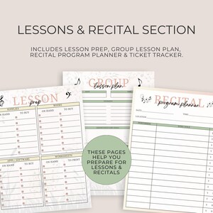 May include: Three printable pages for lesson planning and recital preparation. The pages include sections for lesson prep, group lesson plan, and recital program planner. The pages are decorated with musical notes and floral designs.