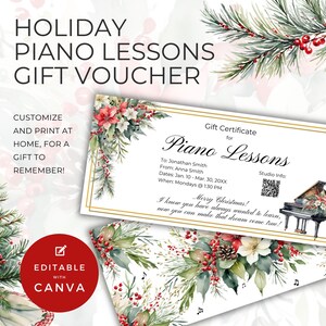 Modello voucher regalo per lezioni di pianoforte di Natale, modificabile in Canva, certificato musicale natalizio, idea regalo last minute, tema festivo NT11