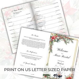 May include: A printable program for a piano recital featuring a watercolor illustration of a piano, musical notes, and a winter holiday theme. The program includes a welcome message, a list of performers and song titles, and a section for guest compliments.