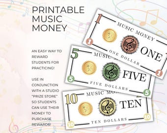 Music Practice Money, Student Incentive, Reward Bucks, Resource for Piano Orchestra or Band, Digital Printable for Instrument Teachers, NT03