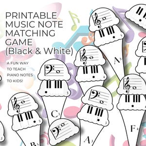 Musical Notes Matching Game, Stackable Ice Cream Cones, Printer Friendly B&W, Printable PDF for Music Teachers, Treble Bass Clef Piano