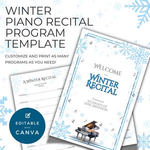 Klavierprogramm für den Winter, doppelseitige Faltkarte, Canva-Vorlage, festliche Feiertags-Musiklehrer-Ressource, Schneeflocke-Design-NT12