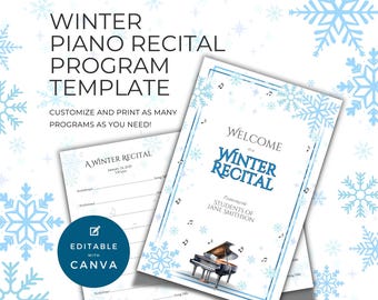 Piano Recital Program for Winter, Double Sided Folding Card, Canva Template, Festive Holiday Music Teacher Resource, Snowflake Design NT12