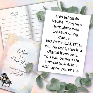 Piano Recital Program Template, Rainbow Watercolor, Music Teacher Resource, For Performance or Event, Double Sided Folding Card, Canva Digital Download NT02