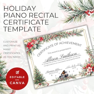 May include: A printable certificate template with a gold border and a wintery design. The text reads "Certificate of Achievement" and "This award is presented to Allison Smithson".