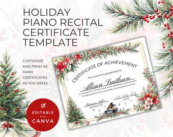 Piano Recital Certificate Christmas Template, Holiday Xmas Tree, for Winter Events, Student Music Achievement Award, Editable in Canva NT11