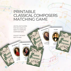 Juego de emparejar compositores clásicos, 56 tarjetas, PDF imprimible para profesores de música, Beethoven, Mozart, Bach, Schubert, Chopin y más. Juegos de 4 tarjetas.