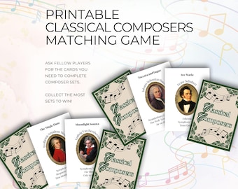 Jogo de Correspondência de Compositores Clássicos, 56 Cartas, PDF Imprimível para Professores de Música, Beethoven, Mozart, Bach, Schubert, Chopin e Mais! Conjuntos de 4
