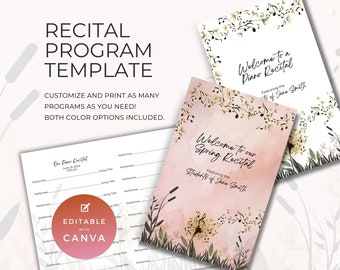 Piano Recital Program Template, Music Teacher Resource, For Performance or Event, Double Sided Folding Card, Canva Digital Download NT03