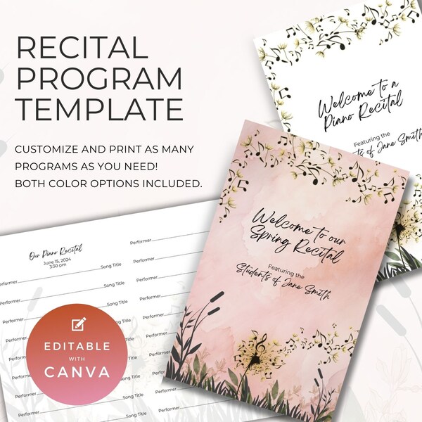 Piano Recital Program Template, Music Teacher Resource, For Performance or Event, Double Sided Folding Card, Canva Digital Download NT03