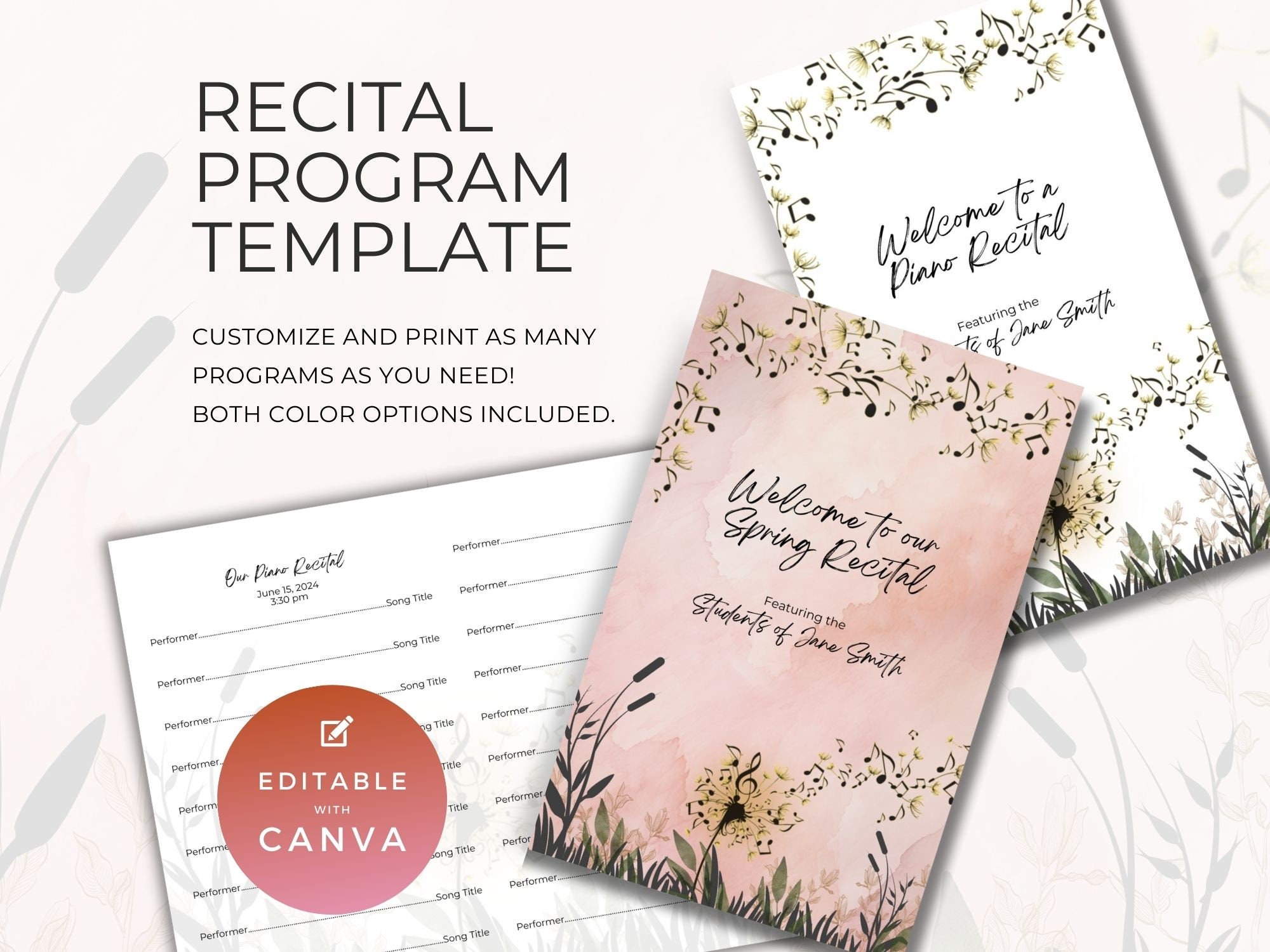 Piano Recital Program Template Music Teacher Resource for Performance