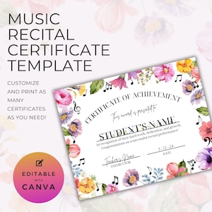 May include: A printable certificate template featuring a floral design and musical notes. The text reads "Certificate of Achievement" and "This award is presented to [Student's Name]" with space for the student's name, teacher's name, and date.