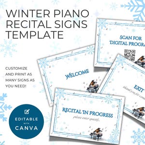Mini poster per recital di pianoforte, segnaletica per porte e tavoli a tema fiocco di neve, cartelli di benvenuto all'uscita, modello Canva modificabile per eventi musicali invernali NT12
