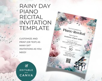 Convite para Recital de Piano, para Professores ou Alunos, Modelo Editável no Canva, Imprimir ou Digitar, Convite Musical, Tema Nuvens em Dia Chuvoso NT04