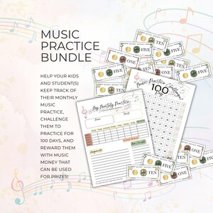 Practice Tracker for Piano, Motivational Bundle, 100 Day Challenge, Music Money Bucks, Assignment Log Chart Sheet Record, Student Incentive
