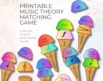 Musical Theory Matching Game, Stackable Ice Cream Cones, Printable PDF for Music Teacher, Note Rhythms, Music Symbols & Signs, 40 Card Sets