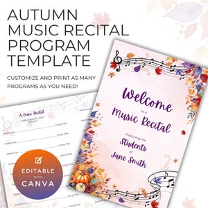 Modelo de programa de recital de piano, recurso para professores de música, tema de outono, folhas de outono, cartão dobrável frente e verso, download digital do Canva NT09
