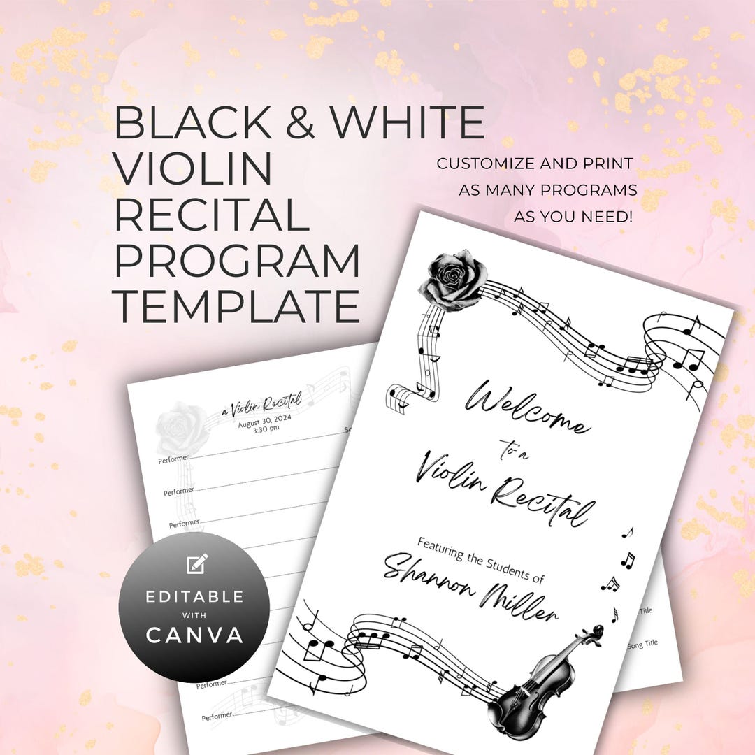 Violin Recital Program Template, Simple Modern Black & White, for ...