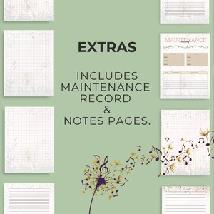 May include: A digital planner with a floral design and the text "EXTRAS INCLUDES MAINTENANCE RECORD & NOTES PAGES."  The planner includes pages with grid, lined, and dotted paper.
