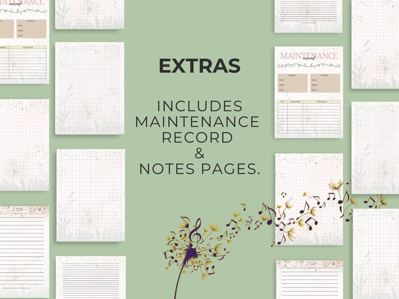 May include: A digital planner with a floral design and the text "EXTRAS INCLUDES MAINTENANCE RECORD & NOTES PAGES."  The planner includes pages with grid, lined, and dotted paper.