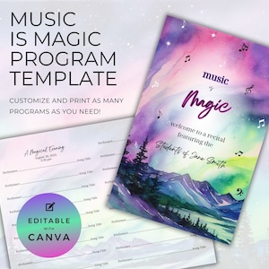 Modello di programma per recital musicale, La musica è magica, Cielo notturno di Aurora, Performance di pianoforte, Biglietto pieghevole fronte/retro Canva Download digitale NT08