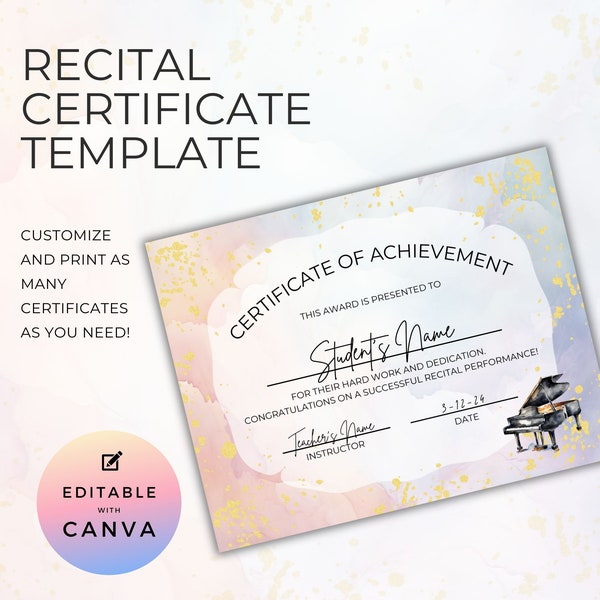 Music Recital Certificate, Piano Student Achievement Award, Editable Canva Template, Instrument Teacher Resource, Rainbow Watercolor NT02