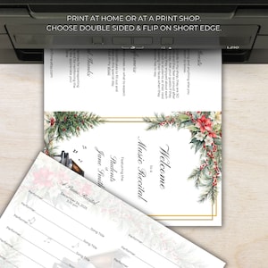 May include: A printable program for a piano recital featuring a wintery design with a poinsettia, pine branches, and a piano. The program includes the text "Welcome to a Music Recital" and "Featuring the Students of Jane Smith".