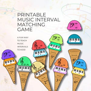 Musical Interval Matching Game, Stackable Ice Cream Cones, Printable PDF for Music Teacher, Treble & Bass Clef Learning Tool, Piano Resource