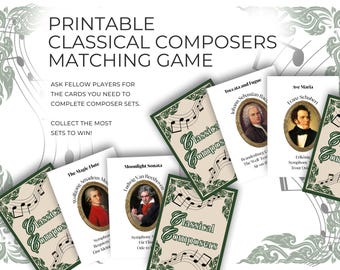 Classical Composers Matching Game, 56 Cards, Printable PDF for Music Teacher, Beethoven, Mozart, Bach, Schubert, Chopin & More! Sets of 4