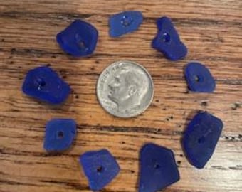 Drilled beach glass small pieces cobalt blues color surf tumbled sea glass authentic Lot of 9 pieces DIY jewelry making B-82