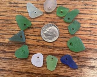 Drilled beach glass small pieces mixed color surf tumbled sea glass authentic Lot of 12 pieces DIY jewelry making B-81