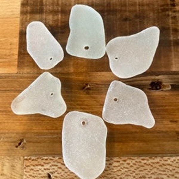 Drilled white beach glass frosted surf tumbled large/medium sizes Lot of 6 genuine beach glass hole top center sea glass