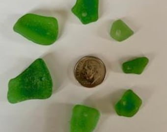 Drilled Kelly Green Beach Glass: Jewelry Quality, Mixed Sizes, Lot of 7