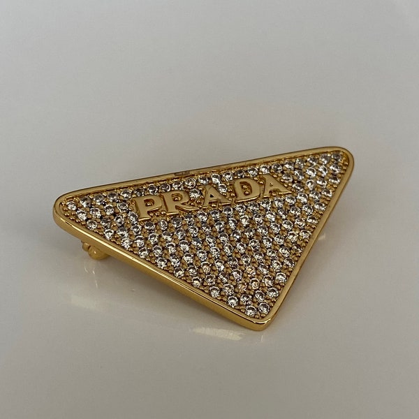 Prada Triangle Gold Brooch Pin with Rhinestones Broche Spilla Brosche