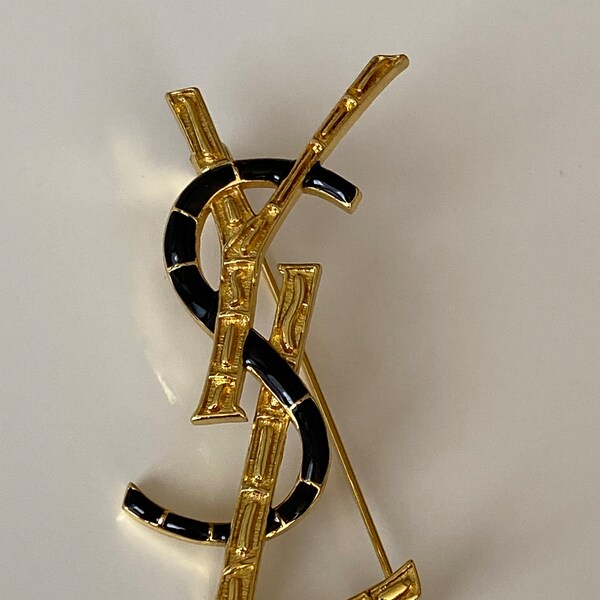 Excellent YSL Gold Brooch Pin with Black Rhinestones Broche Spilla Brosche Luxury