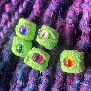 Monster Dread Beads Set – 5 Glow in the Dark Polymer Clay Hair Charms, Handmade Eye Beads for Locs & Dreads, Gothic Rave Jewelry