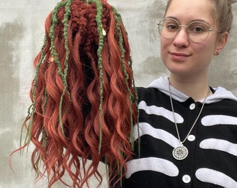 Ginger Copper Dreadlock Extensions – Green Accent Faux Curly Locs, Full Set