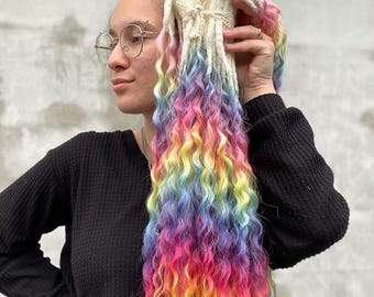 Rave Glitch Colorful Curls - Rainbow Curly Dreads, Synthetic Boho Dreadlocks, Faux Double Ended Festival Hair, Hippie Locs Falls, Full Set
